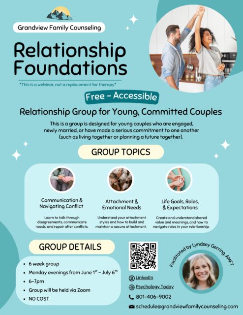 Healthy relationships don’t just happen, they’re built 💛
Our Relationship Foundations group is designed for young, committed couples who want to strengthen communication, better understand each other, and build a solid foundation for the future together 🫶
We’ll cover topics like:
✨ Communication & conflict repair
✨ Attachment & emotional needs
✨ Shared goals, roles, & expectations
Whether you’re engaged, newly married, or building a life together, this free 6-week virtual group is here to support connection, growth, and understanding ✨
🗓 Mondays | June 1st – July 6th
🕕 6–7 PM
💻 Via Zoom
💲 FREE to attend!
Spots are limited, sign up today: link in our bio! 🔗
#couplestherapy #familytherapy #utahtherapy