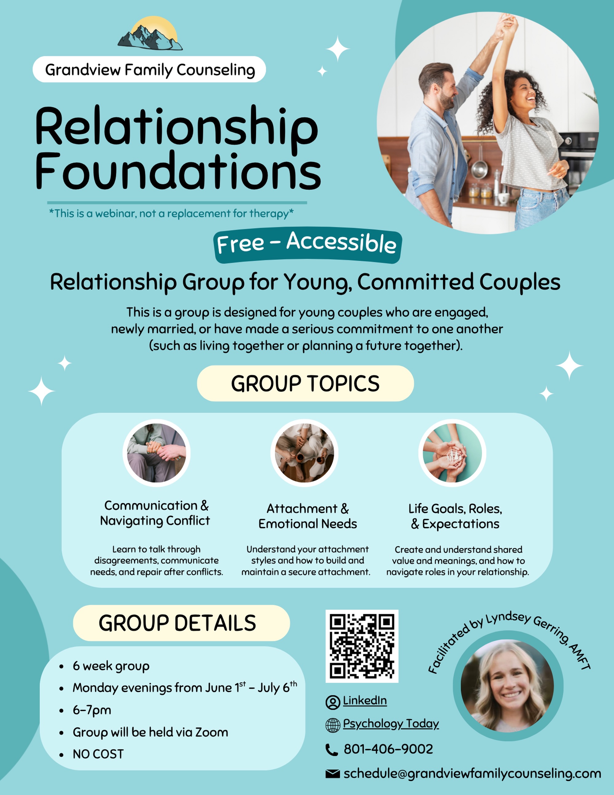 Healthy relationships don’t just happen, they’re built 💛
Our Relationship Foundations group is designed for young, committed couples who want to strengthen communication, better understand each other, and build a solid foundation for the future together 🫶
We’ll cover topics like:
✨ Communication & conflict repair
✨ Attachment & emotional needs
✨ Shared goals, roles, & expectations
Whether you’re engaged, newly married, or building a life together, this free 6-week virtual group is here to support connection, growth, and understanding ✨
🗓 Mondays | June 1st – July 6th
🕕 6–7 PM
💻 Via Zoom
💲 FREE to attend!
Spots are limited, sign up today: link in our bio! 🔗
#couplestherapy #familytherapy #utahtherapy
