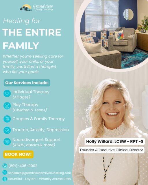 This is your sign to start therapy, we're accepting new clients! 🎉✨
Finding the right therapist can make all the difference. Whether you’re looking for support for yourself, your child, your relationship, or your family, our team is here to help you find care that fits your needs and goals.
At Grandview Family Counseling, we offer support for:
✨ Individual therapy
✨ Play therapy for children & teens
✨ Couples & family therapy
✨ Trauma, anxiety & depression
✨ Neurodivergent support (ADHD, autism & more)
If you’ve been thinking about reaching out, this is your sign to take that first step. We're here to support you 💙
📞 (801) 406-9002
schedule@grandviewfamilycounseling.com
📍 Bountiful • Layton • Virtually across Utah
#utahtherapist #utahtherapy #childtherapy #playtherapy #familytherapy